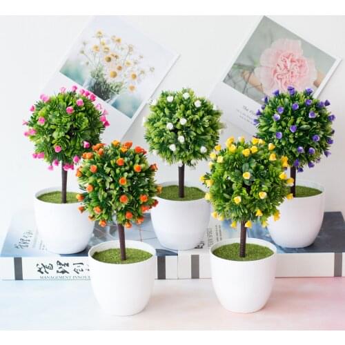 Green Artificial Small Tree with Roses Flower Potted Bonsai Christmas Halloween Home Bedroom Living Room Decoration Fake Plants