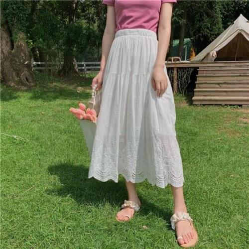 Summer New French Sweet Hollow Embroidery Simple White Skirt 2021 Casual High Waist Slim Women A-line Long Skirt Free Shipping