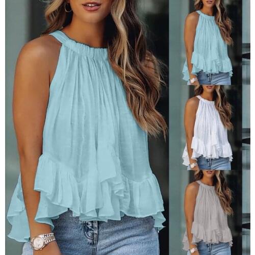 Women Halter Tank Tops Casual Off-shoulder Ruffled Pleated Camisole Top O-neck Solid T-shirts Summer Blouse Sleeveless