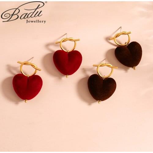 Badu Autumn Winter French Vintage Wine Color Heart Velvet Earrings Geometric Stud Earrings Female Korean Jewelry