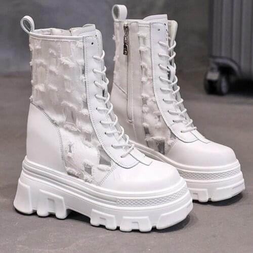 2021 New Super High Heels Mid Calf Boots Women Wedge Platform Shoes Fashion Lace-up Zipper Women Boots Height Increase Shoes