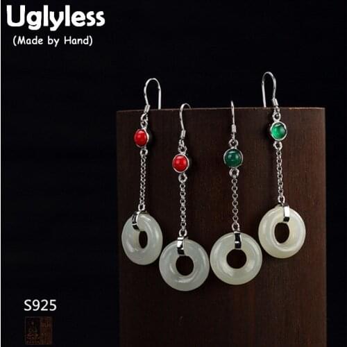 Uglyless Real S 925 Sterling Silver Natural Jade Buttons Dangle Earrings Women Ethnic Circle Fine Jewelry Beads Brincos Bijoux