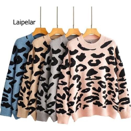 Women Leopard Knitted Sweater Winter Animal Print Winter Thick Long Sleeve Female Pullovers Casual Tops