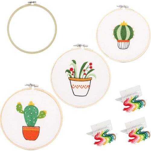3pcs DIY Needlework Embroidery Kit with Bamboo Hoop Plant Cactus Pattern Printed Cross Stitch Handicraft Sewing Art Painting