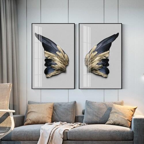 Elegant Golden Symmetrical feather Modern Nordic style decorative Canvas Wall Art Poster for office hotel living room decoration