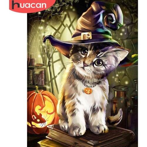 HUACAN 5d DIY Diamond Art Painting Cat Full Square/Round Diamond Embroidery Animal Mosaic Halloween Home Decor Set