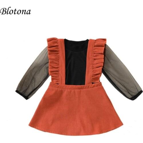 Blotona 2Pcs Toddler Fashion Outfits, Sheer Long Sleeves Stitching T-Shirt +Corduroy Ruffled Suspenders Skirt for Girls, 18M-6Y