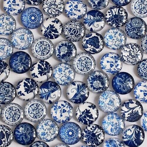 8 10 12 14 16 18 20 25 30mm Random Mixed Style Blue and white Porcelain Round Glass Cabochon Flatback Photo Base k04146