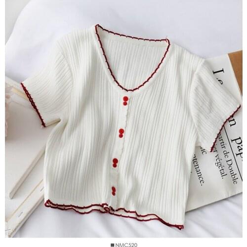 Summer Loose Buttoned Up T-shirt Women Summer Tees V-Neck fashion Red Cotton Ladies Fashion Tops Short Sleeve T-shirt