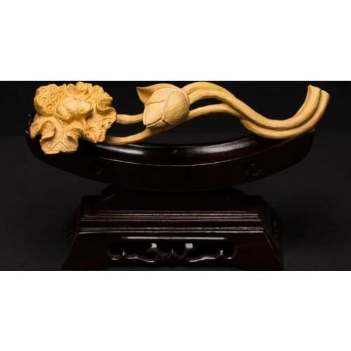 Lotus Pond Frog Luck Ruyi with Base Wood Carving Hand Sculpture Lotus Boxwood Carvings Lucky Gifts Men Buddha Religion Statue