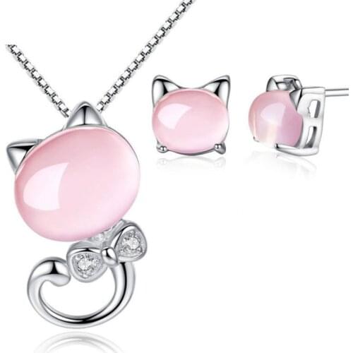 Trendy Silver Plated Lovely Cat Rose Pink Quartz Pendant Link Chain Necklace Stud Earrings Fashion Jewelry Sets