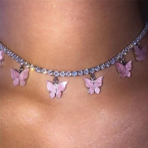 Hot sale Crystal Butterfly Pendants Necklaces Jewelry for Women Fashion Shiny Rhinestone Chain colour Hiphop Party charm Gift