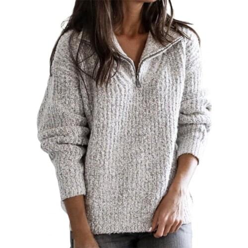 Dropshipping!!Women Sweater Zipper Solid Color Knitted Pullover Large Size Lady Sweater for Autumn