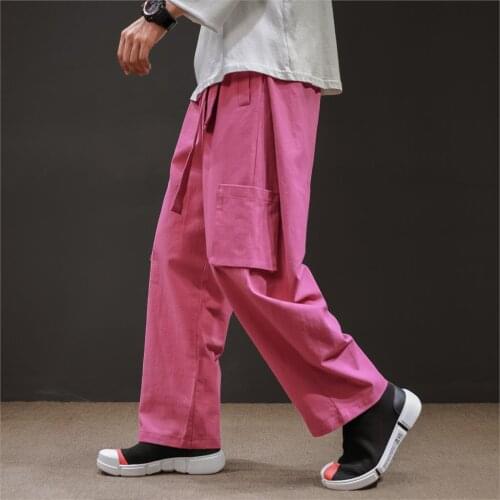 Spring Autumn Hip Hop wide leg Casual Pants Men Loose Trousers Multi-pocket ribbon cotton linen pants Joggers Plus Size M-5XL