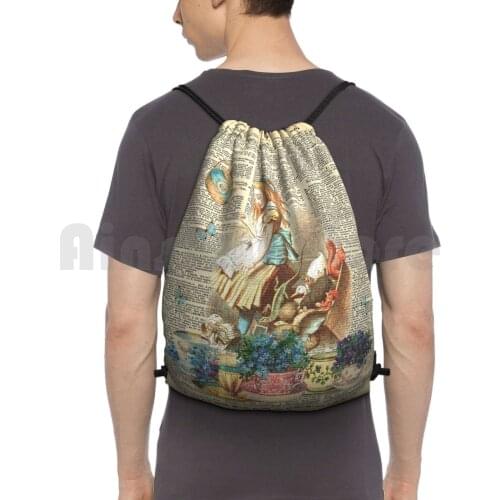 Vintage Alice In On A Dictionary Page Backpack Drawstring Bag Riding Climbing Gym Bag Alice In Tea Party Lewis Carroll Book