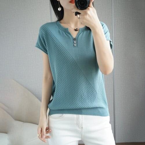 Pure cotton T-shirt women 2021 summer new casual solid color knitted V neck slim fit pullover blouse short sleeve tees