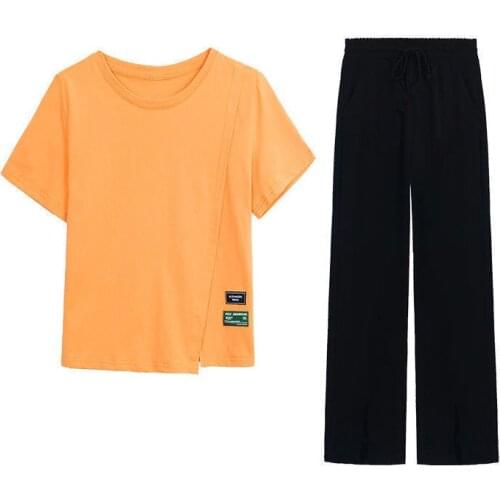 Wide Leg Pants One-Piece/Set Women Summer 2021New Fashion Suit High-Waist Short T-Shirt Split Casual Pants Female Two-Piece 734