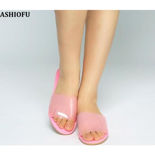 ASHIOFU Handmade Ladies Low-heel Sandals PVC Leather Sexy Home Beach Easy Slipper Shoes Fashion Summer Sandals Shoes