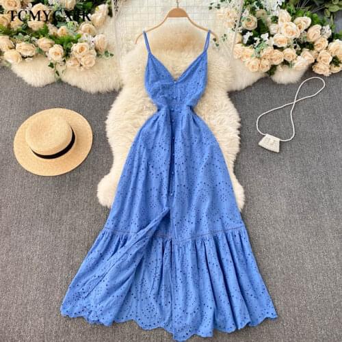 Summer Bohemian Dress 2021 Long Sexy V-neck Buckle Ruffled Vintage Split Holiday Beach Dresses Women High Waist Korean Fashion