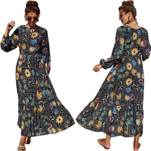 Spring Summer Floral Print Long Sleeve Loose Long Dress Women Elegant Sweet High Waist Casual Holiday Boho Robe Maxi Vestidos