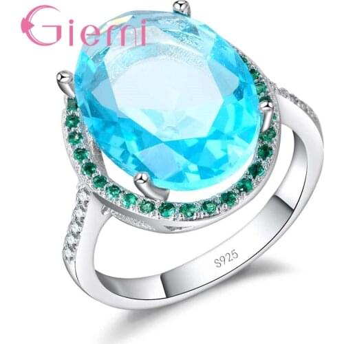 Women Female Fashion Luxury Ring Inset Blue/Green Austrian Crystal 925 Sterling Silver Oval Pattern Jewelry Wedding Bijoux