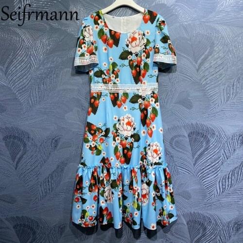 Seifrmann New 2021 Summer Women Fashion Runway Midi Dress Short Sleeve Lace High Waist Floral Printed Ladies Patchwork Dresses