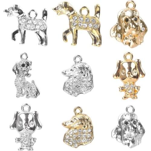 20PCS Crystal Silver Gold Color Animal Dog Dangle Charms Fit Handmade Necklace Pendant Jewelry Crafts