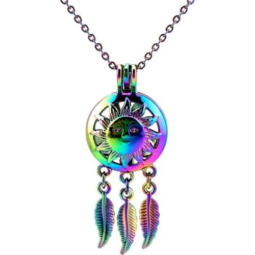 C798 Rainbow Color Dream Catcher Beaty Sun Face Leaf Cage Pendant Aroma Essential Oil Diffuser Locket Necklace