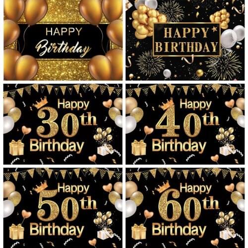 Black Gold Happy Birthday Backdrops Banner Photo Booth Background Kids Adult 30th 40th 50th Birthday Party Decoration 180x110cm