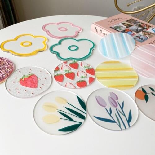 South Korea Ins Color Acrylic Coaster Insulation Pad Creative Coffee Coaster Flower Strawberry Sequin Non Slip Pad