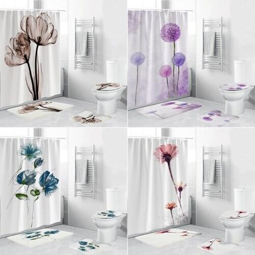 Home Decor Dandelion Bathroom Shower Curtain Beautiful Flower Bath Curtains Toilet Cover Bath Mat Non-Slip Rug Sets
