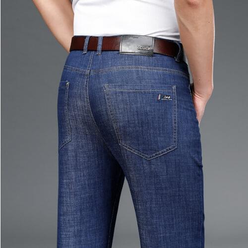 Mens Stretch Denim Expandable High Waist Classic Fit Flat Front Pant 2021 Summer New Thin Ice Silk Casual Oversized Jeans