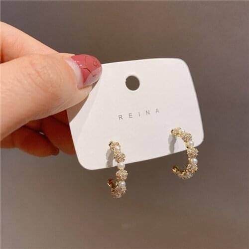Korean Shiny CZ Circle Simulated Pearl Earrings for Women Girl Gold Color Metal C Shape Hoop Earrings Statement Jewelry 2020