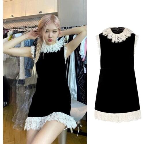Kpop Korea Celebrity ROSE Summer Slim Dress 2021 Fashion Lace Patchwork Sleeveless Dresses Holiday Women Party Sexy Mini Dress