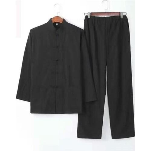 Jacket+Long Pants green 2PC Mens Solid Kung Fu Suit Chinese Traditional Male 100% Cotton Loose Wu Shu Tai Chi Sets