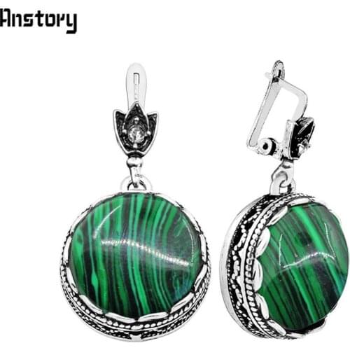Round Malachite Earrings For Women Antique Silver Plated Party Hollow Flower Pendant Fashion Jewelry