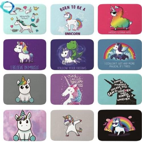 Lovely Cartoon Unicorn Quotes Welcome Floor Mats Rainbow Horse Carpets Doormats Anti-slip Outdoor Rugs Flannel Front Door Mats