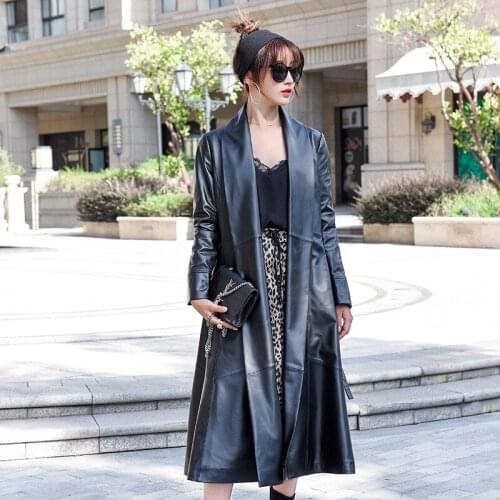 Fashion Luxury Ladies Real Leather Long Jacket Streetwear Slim Fit Belt Windbreakers Autumn Winter Elegant Sheepskin Overcoat