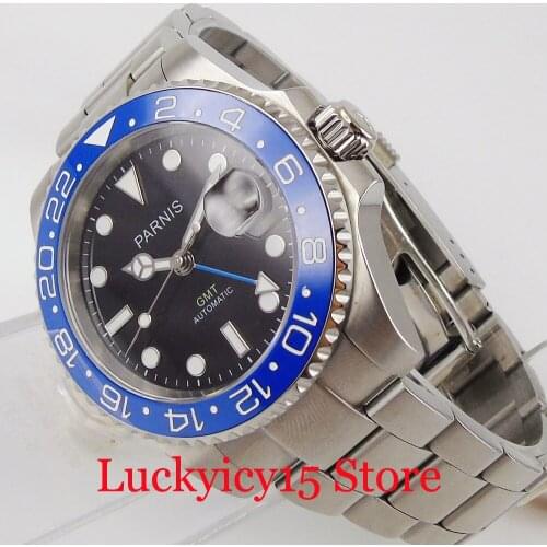 PARNIS 40mm Self Winding Men Watch Top Brand GMT Black Dial Blue Bezel Insert Automatic Movement Stainless Steel Bracelet
