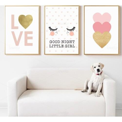 Baby Nursery Blush Pink Canvas Painting Wall Art for Girl Bedroom Nordic Poster Gold Heart Love living room wall Picture Decor