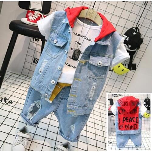 Children New Summer Boys Clothes Casual Fashion Kids Boy Clothing Sets boys Denim vest + T-shirt + denim shorts 3pcs Outfits