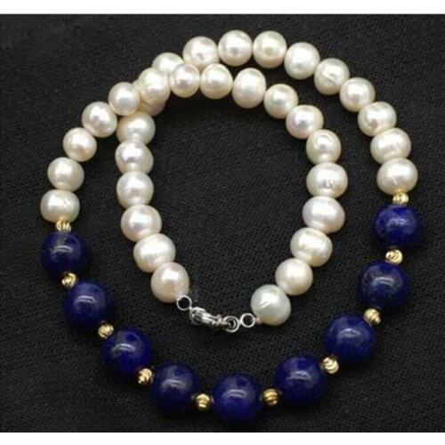 Charms 8-9MM White Cultured Pearl 8mm lapis lazuli Mix Beads Necklace 18" 36"
