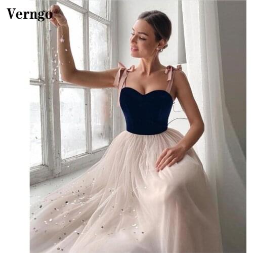 Verngo A Line Prom Dresses Sweetheart Ribbon Straps Tied Navy Blue Velour Top Blush Pink Midi Skirt Homecoming Formal Gowns