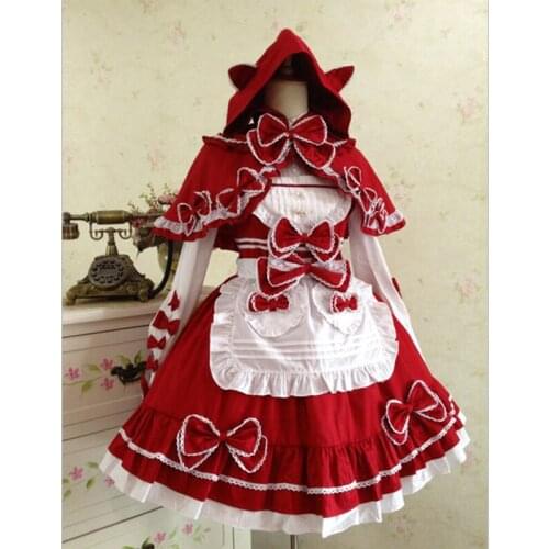 Red Lolita Dress Kawaii Clothing Women Sweet Gothic Lolita Dress Vintage Victorian Maid Cosplay Party Costumes 4 Pcs Set DCC011