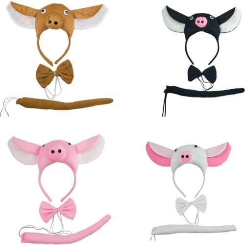 Animal Pig Ear Headband Bow Tie Tail Cosplay Set Birthday Party Props Gift Costumes for Women Kids Child Halloween Christmas