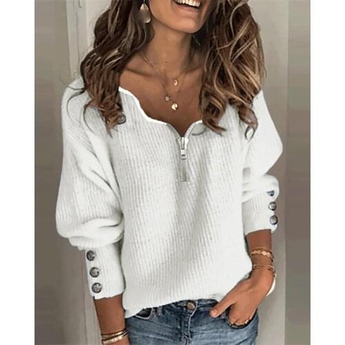 Spring Autumn Womens Plus Size Plain Zipper Top 2021 New Femme Elegant Solid V-Neck Lantern Sleeve Casual Blouse Office Lady