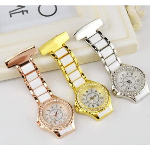 Rhinestone Round Dial Analog Quartz Nurse Medical Hanging Chest Pocket Watch