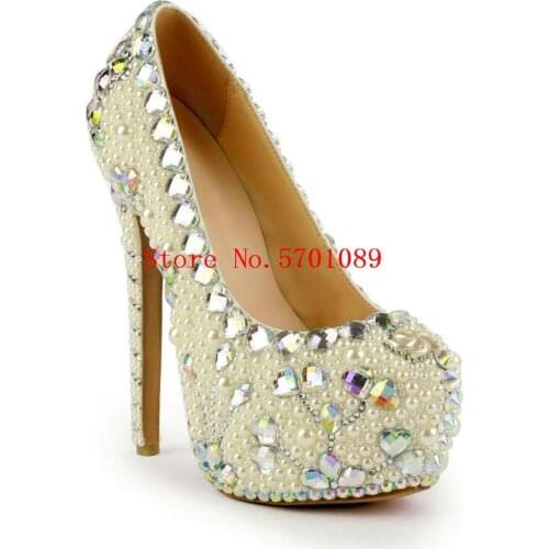 Pearl Crystal Wedding Shoes Bride Rhinestone Round Toe Stiletto Heel Slip-on Wedding Pumps Handmade Platform 160mm Heel