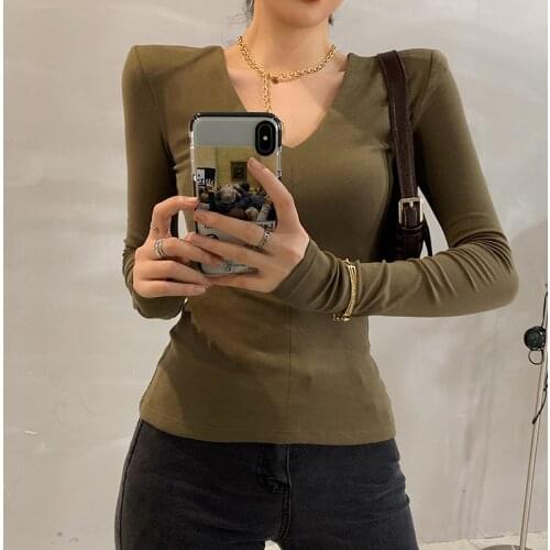 Cotton T-shirt Womens Long Sleeves V-neck Tops New Autumn 2021 Cushioned Shoulder Tops Bottoms Clothes Slim Office Lady 15805