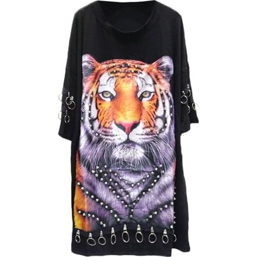 Harajuk Rivet Womens T-Shirts Summer 2021 Printed Animal Long Oversized T Shirt Hiphop Sequined Short Sleeve Clothes Loose Tees